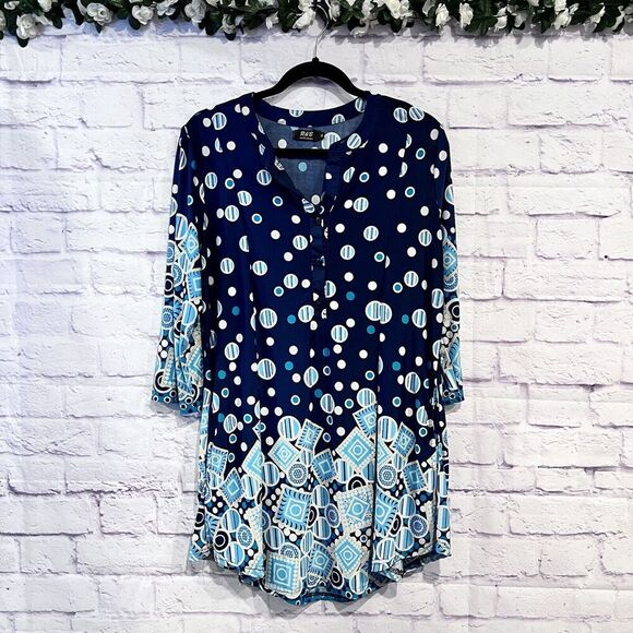 R&B Collection Size XL Blue Casual Polka Dot Stretch Jersey 3/4 Sleeve Tunic Top - Picture 1 of 10